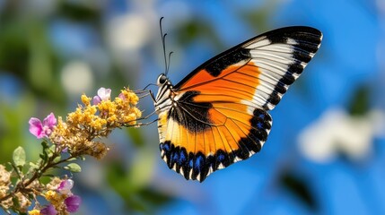 Fototapeta premium Vibrant Butterfly Perched on Yellow Flowers Against a Blue Sky Background