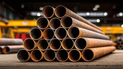 A neatly stacked pyramid of sturdy, weathered metal pipes, creating a captivating industrial scene, showcasing the strength and rusticity of the materials.