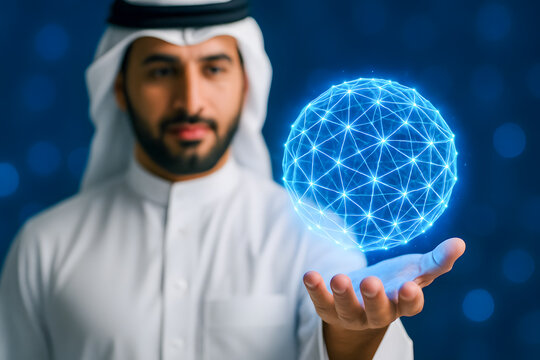 Arab man holding glowing digital sphere representing technology and innovation in the Middle East