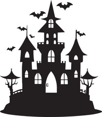  Spooky Halloween Castle Silhouette at Night – Haunted Gothic Tower Against Moonlight
