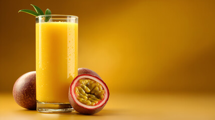Passion fruit juice: a refreshing beverage with whole and halved passion fruits against a golden background.