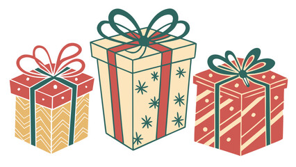 Flat Vector Christmas Gift Box Set with Ribbons and Bows