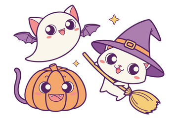 Cute Kawaii Halloween Characters Vector Set