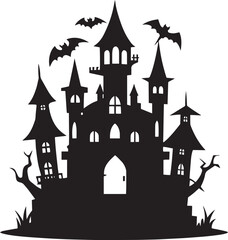  Spooky Halloween Castle Silhouette at Night – Haunted Gothic Tower Against Moonlight
