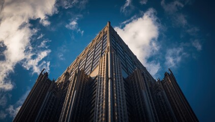 Low angle view of a tall building with many windows reaching towards a blue sky with white clouds
