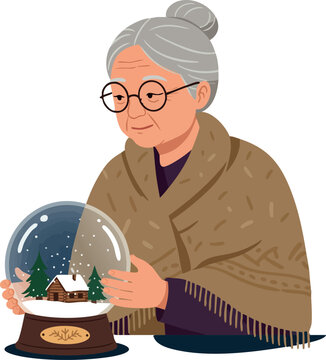 Elderly woman holding snow globe with winter cabin scene in cozy shawl vector illustration 