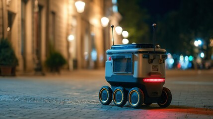 Autonomous delivery robot on a quiet city street at night. Features lights and antenna. Modern tech meets classic architecture.