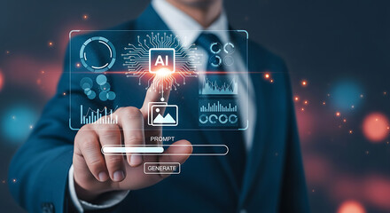 Businessman interacting with a holographic interface showcasing artificial intelligence