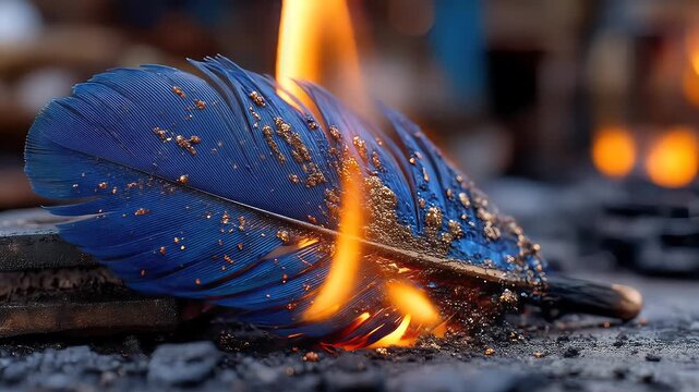 Blue feather partially burning on textured surface with glowing fire and scattered debris
