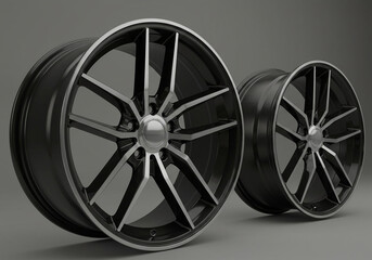 Obraz premium Two black and silver rims with a star pattern sitting on a gray surface in a studio shot