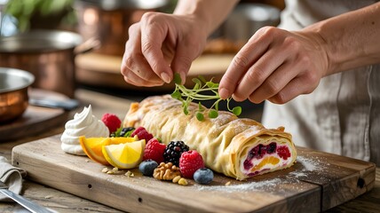 Chef's Hands Decorating a Strudel with Berries and Fresh Herbs