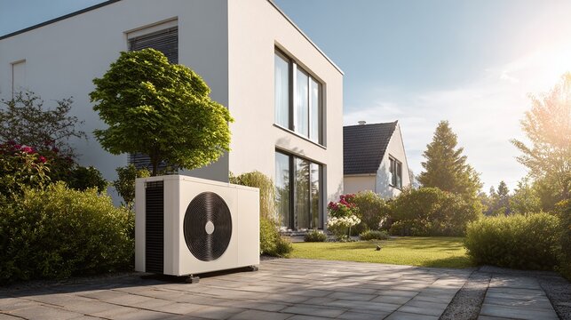 Modern Home Efficiency: Heat Pump in Landscaped Yard. Energy-efficient home solution. Eco-friendly design, modern living, & outdoor comfort meet seamlessly.