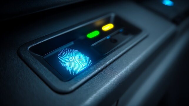 A close-up of a car's fingerprint scanner, illuminated by blue and green lights, with a blurred background.