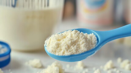 Close up of baby milk powder and blue spoon on light background with baby bottles nearby