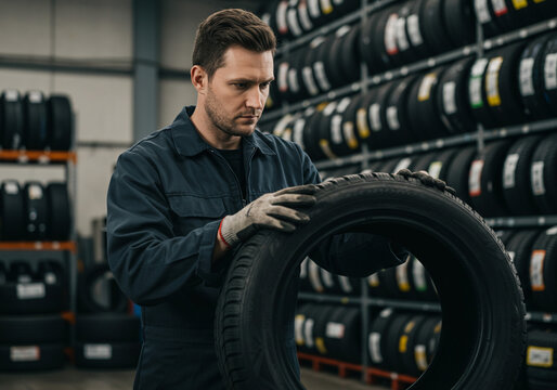 Mechanic inspecting tire in auto shop with rows of tires on shelves in the background