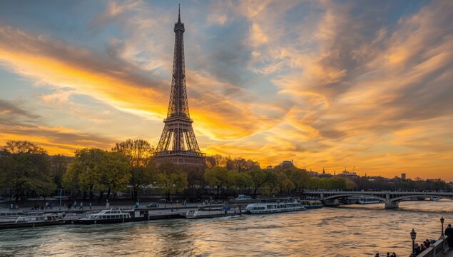 Eiffel tower at sunset with seine river and boats and bridge in paris france landscape view