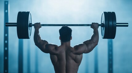 Muscular bodybuilder lifting heavy barbell over his head during intense workout session inside modern gym