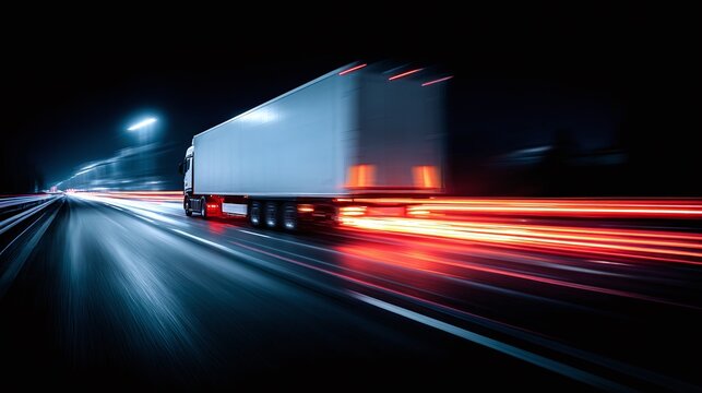 Long exposure captures a large truck speeding down a highway at night, surrounded by streaks of light, creating a sense of dynamic motion and speed.