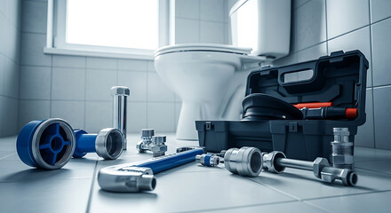 Plumbing repair tools and fittings scattered on a tiled bathroom floor providing a view of a toilet