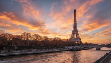 Fototapeta premium Eiffel tower view at sunset over the seine river in paris with colorful clouds in the sky above