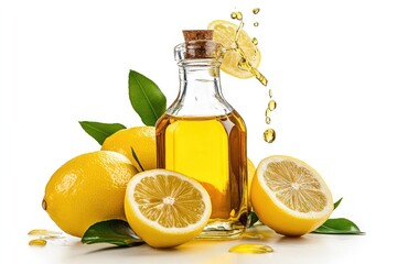 Fresh Lemon Oil Dripping from a Bottle onto Lemons