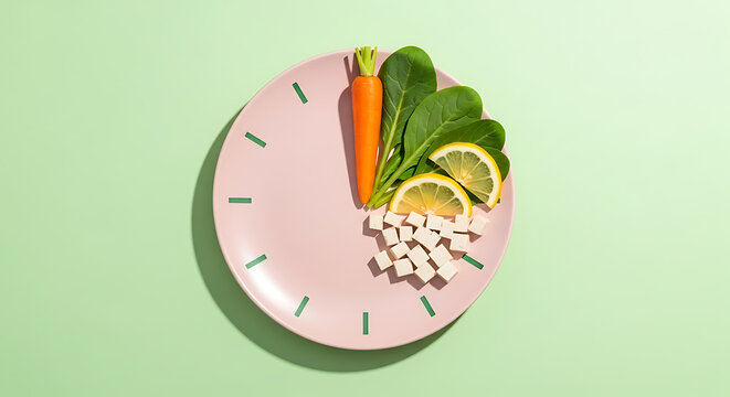Nutritional timing concept with fresh ingredients presented on a clock face plate suggesting a