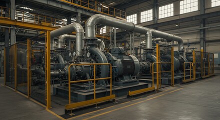 Inside a vast industrial complex, rows of powerful centrifugal compressors and intricate pipework demonstrate the scale of modern manufacturing and energy production facilities.