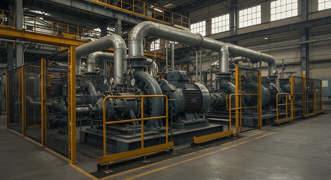 Inside a vast industrial complex, rows of powerful centrifugal compressors and intricate pipework demonstrate the scale of modern manufacturing and energy production facilities.