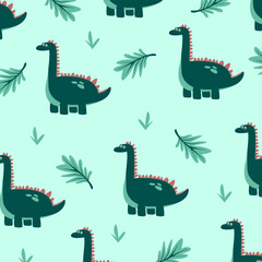 brontosaurus dinosaur fullprint fabric seamless pattern vector design green