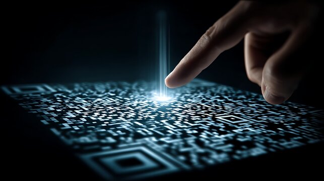 A finger pointing at a QR code on a digital tablet screen, with a glowing light effect in the center of the QR code.
