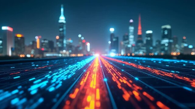 Digital tech roadmap for business progress. Cityscape background with glowing lines representing data flow. Modern tech integration. Organizational innovation visualized. Business concept.