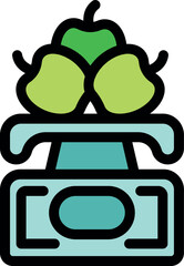 Three green apples sitting on a traditional kitchen scale, representing healthy eating, food measurement, and market shopping