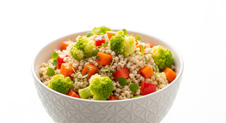 Vibrant couscous salad showcasing fresh broccoli, diced carrots, and tomato bites, presented in a