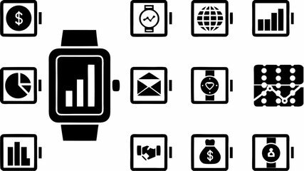 Illustration of a smartwatch displaying various icons representing different applications and functions on wrist |  editable eps vectors silhouette