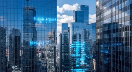 Obraz premium Drone flyover of skyscrapers with illuminated windows against a darkening sky