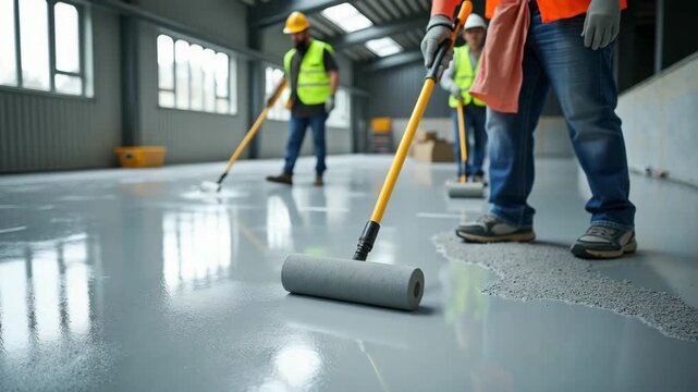 Construction workers apply grey epoxy resin to concrete floor in industrial hall. At work with roller, shovels, drills, hard hats, safety vests. Pro service, renovation, finishing,.