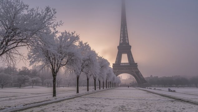 Eiffel tower in winter with snow covered trees and ground under a hazy sky in paris france scenery view