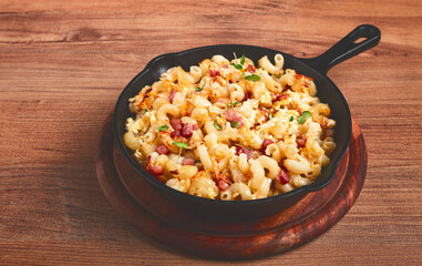 macaroni with cheese and bacon, baked, homemade, no people,