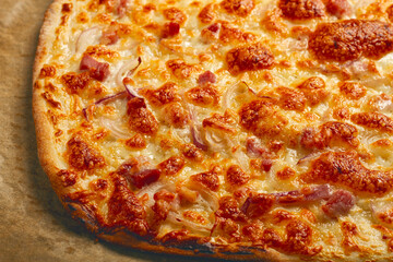 tart flambe, open pie, rectangular pizza, with cheese and red onion, bacon slices, Alsatian dish, homemade, no people,