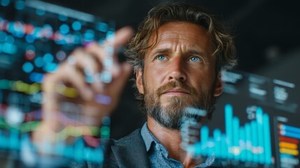 Professional man analyzing digital data on virtual touchscreen display