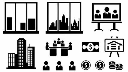 Fototapeta premium Illustration of business elements including charts meeting buildings and financial indicators viewable in black | editable eps vectors silhouette