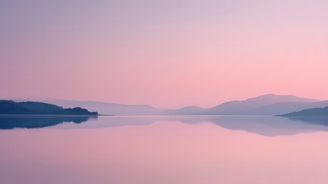A smooth misty lake horizon with subtle pastel sky reflections