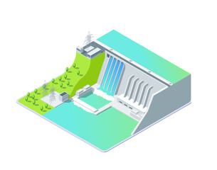 Cartoon Color Hydroelectric Power Station Object Industrial Energy Building Concept 3d Isometric View Isolated on a White. Vector illustration
