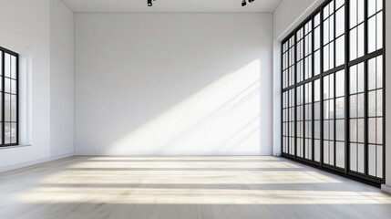 Obraz premium Minimalist bedroom with a large empty wall and big windows.