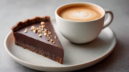 Chocolate tart slice with coffee; rich, decadent dessert with nuts, paired with a creamy latte.