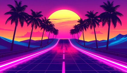 Neon highway, sunset, palm trees