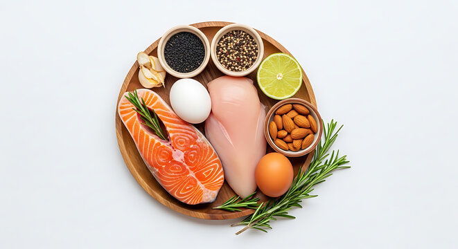 Protein source arrangement with salmon chicken egg garlic lime almonds and rosemary composition