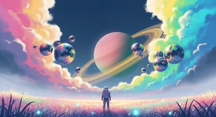 Astronaut standing in a field looking at a planet with rings and colorful clouds and floating spheres