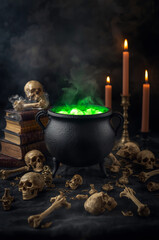 Halloween Witch Cauldron with Glowing Green Potion, Candles, Spell Books and Bones.