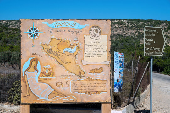 Colorful illustrated map sign of Gavdos island Greece, showing landmarks, beaches, and artistic drawings
